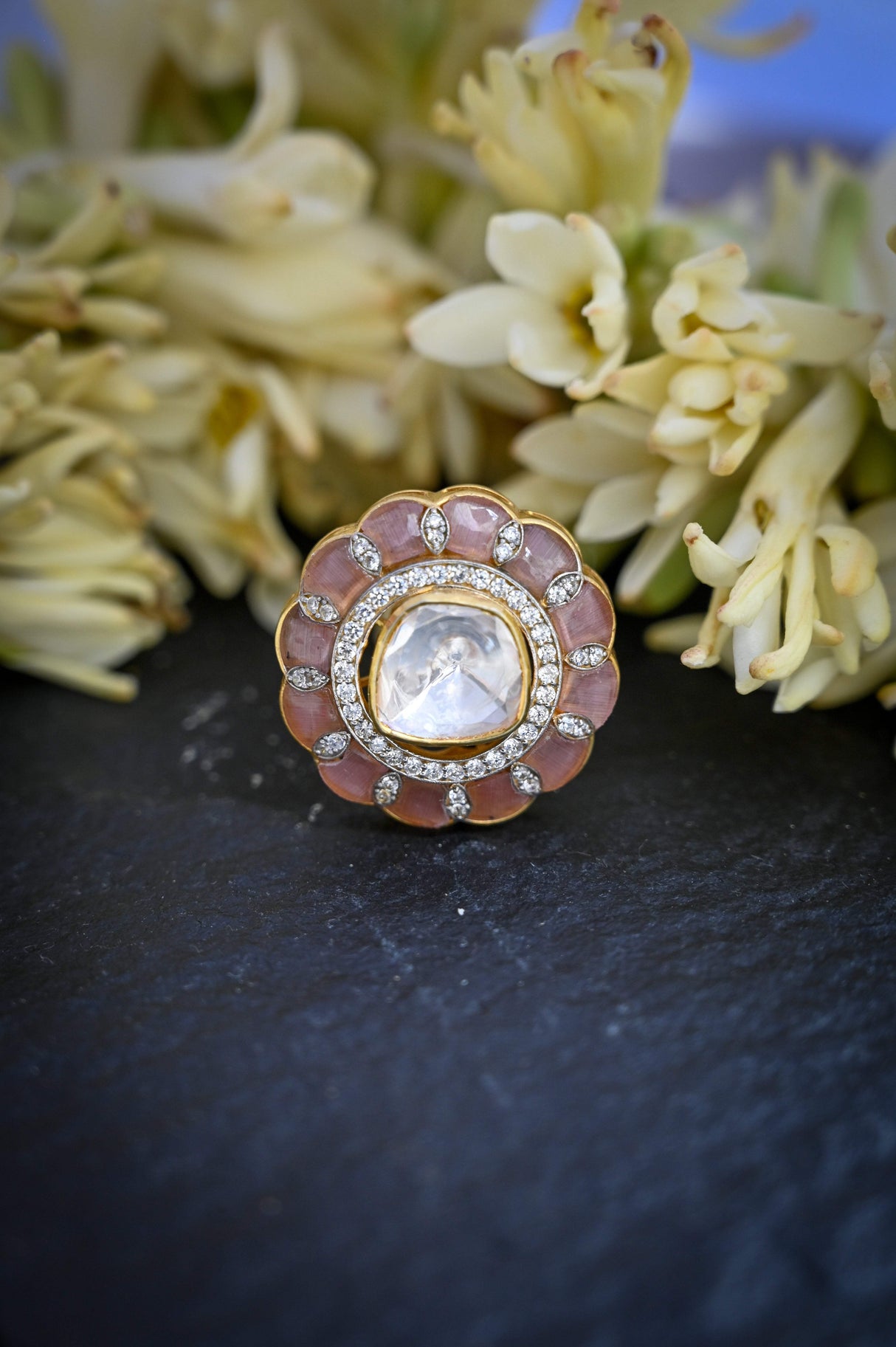 Starlit Majesty Ring - Handcrafted Adjustable 92.5 Silver Ring with Moissanite polki and Imitation Rose Quartz