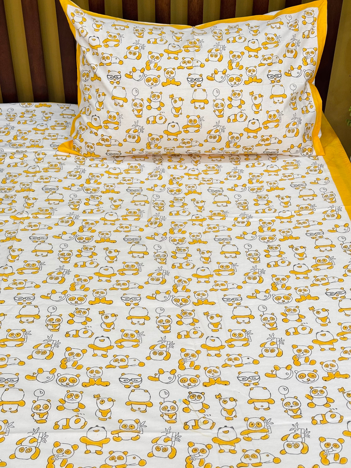 Yellow Panda Handblock Printed Kids Cotton Bedsheet
