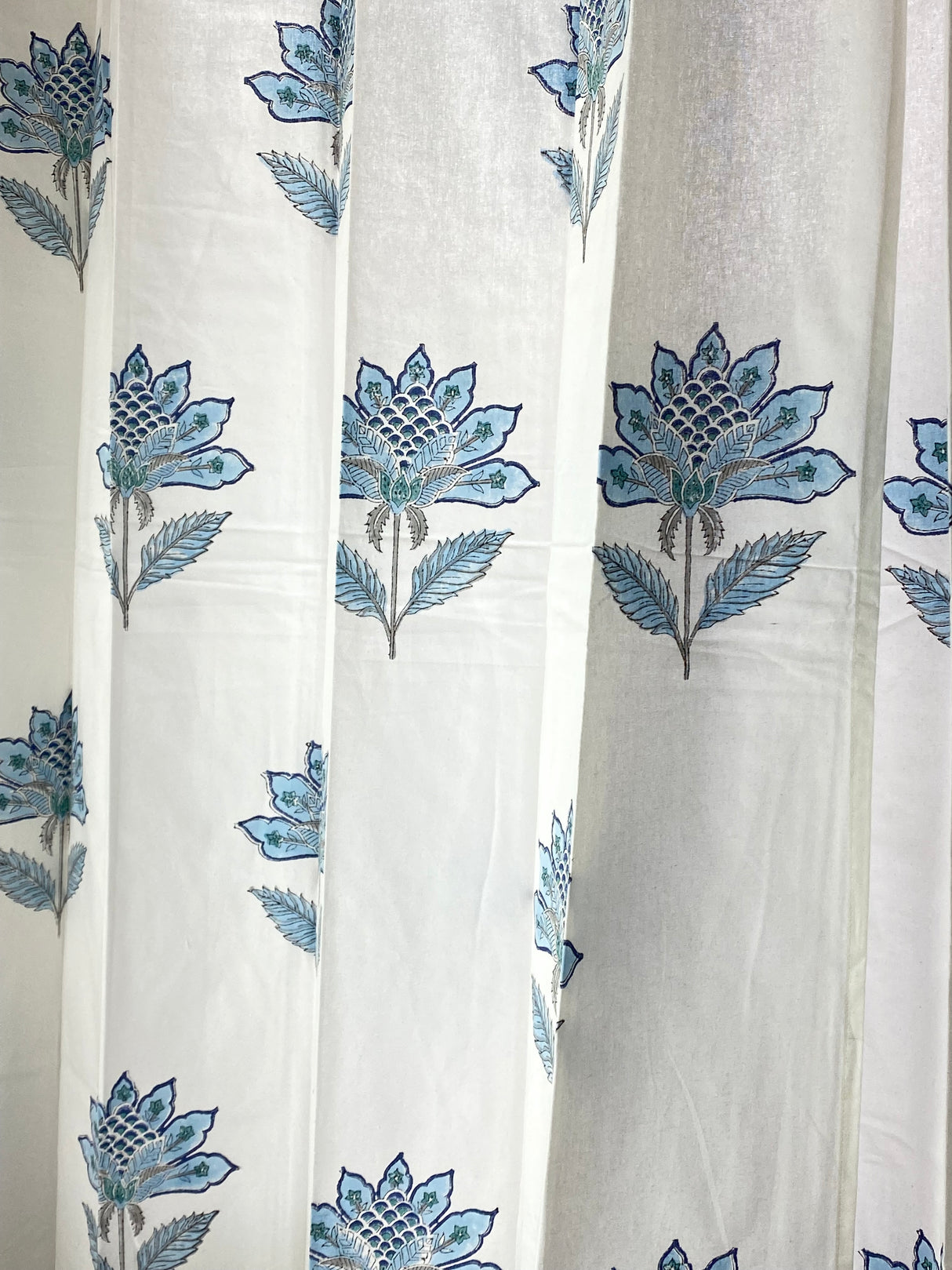Pair of Blue Floral Blockprint Cotton Curtain (Set of 2)