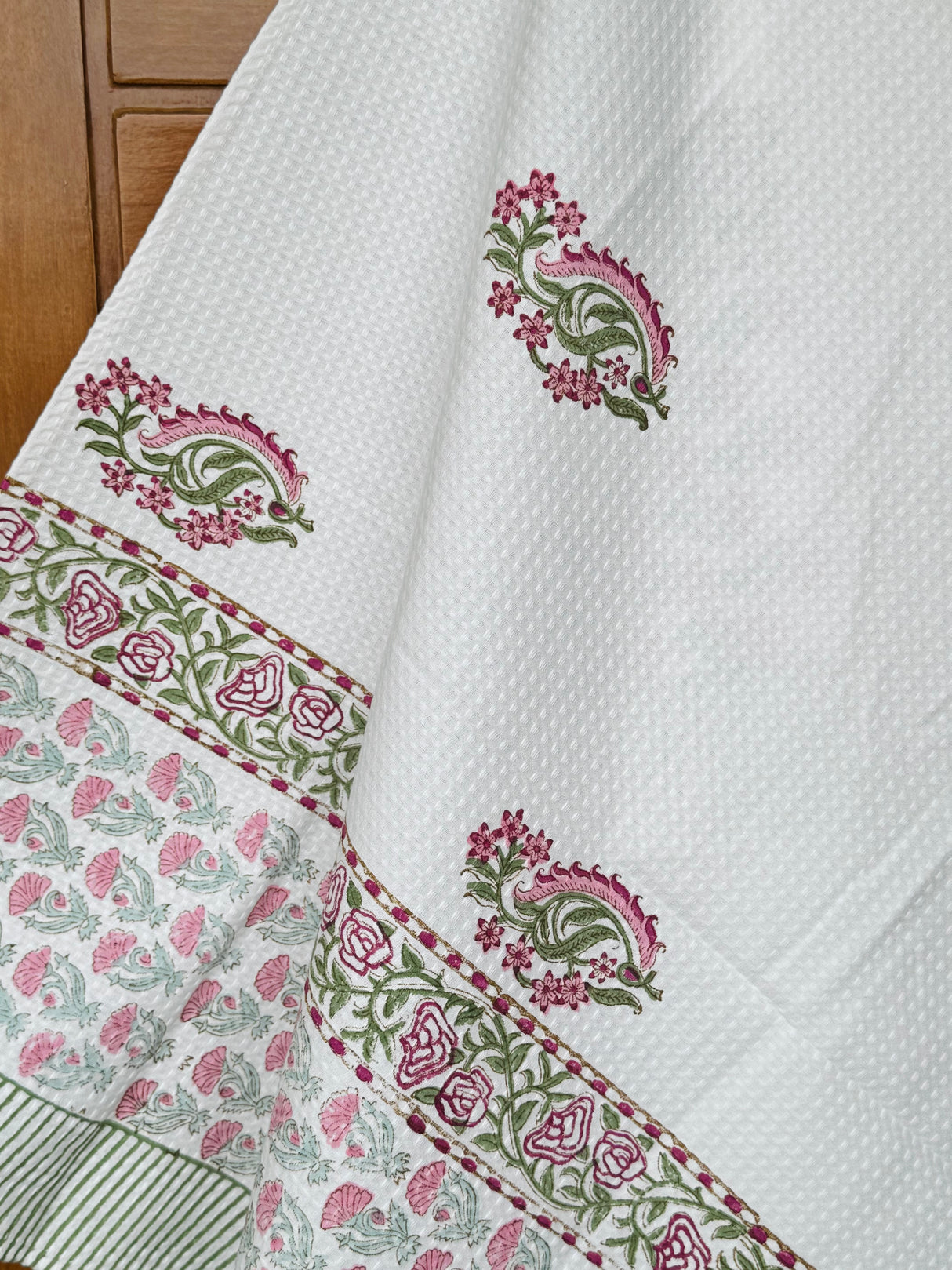 Beautiful Pink Blockprint Cotton Towel – Waffle Weave