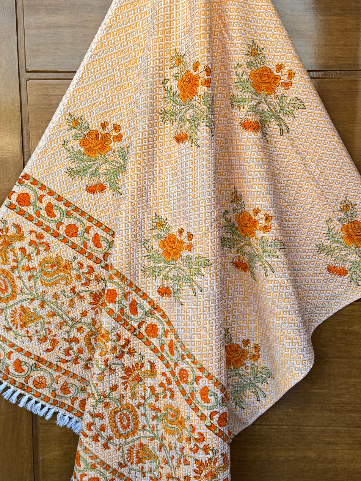 Yellow Floral Blockprint Soft Cotton Towel– Cotton Jacquard Weave