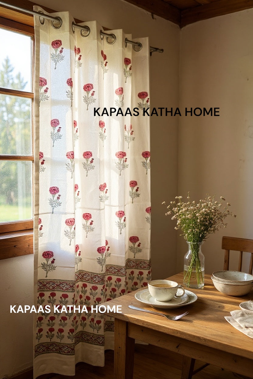 Pair of Pink Blockprint Cotton Curtain (Set of 2)