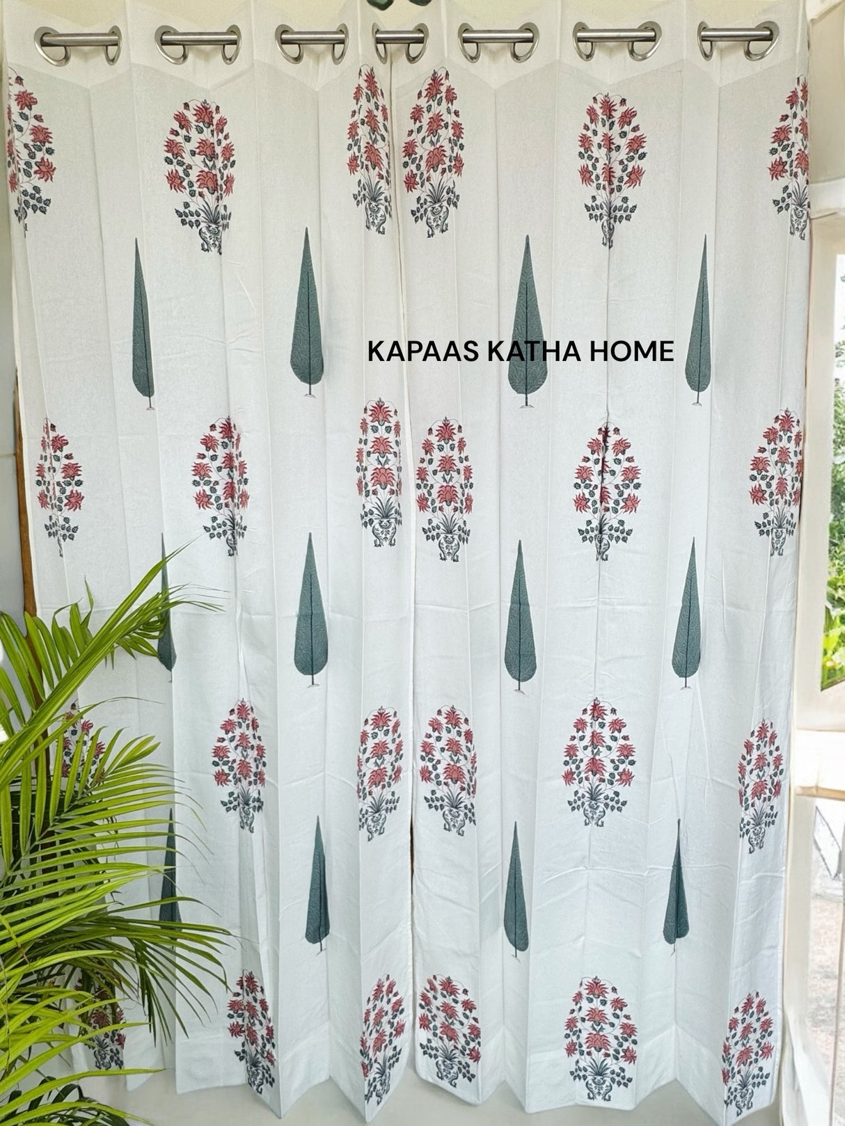 Pair of Pink Blockprint Cotton Curtain (Set of 2)