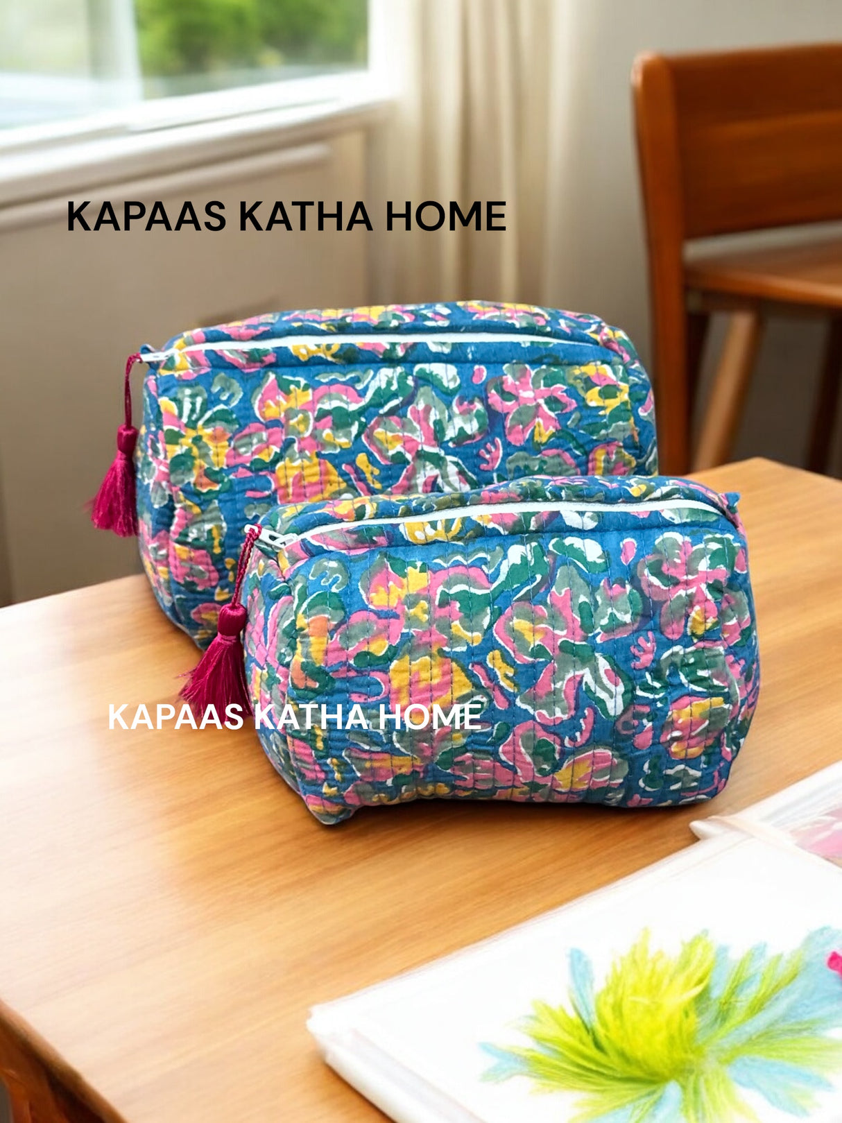 Blue Floral Set of 2 Pouches (medium and small)