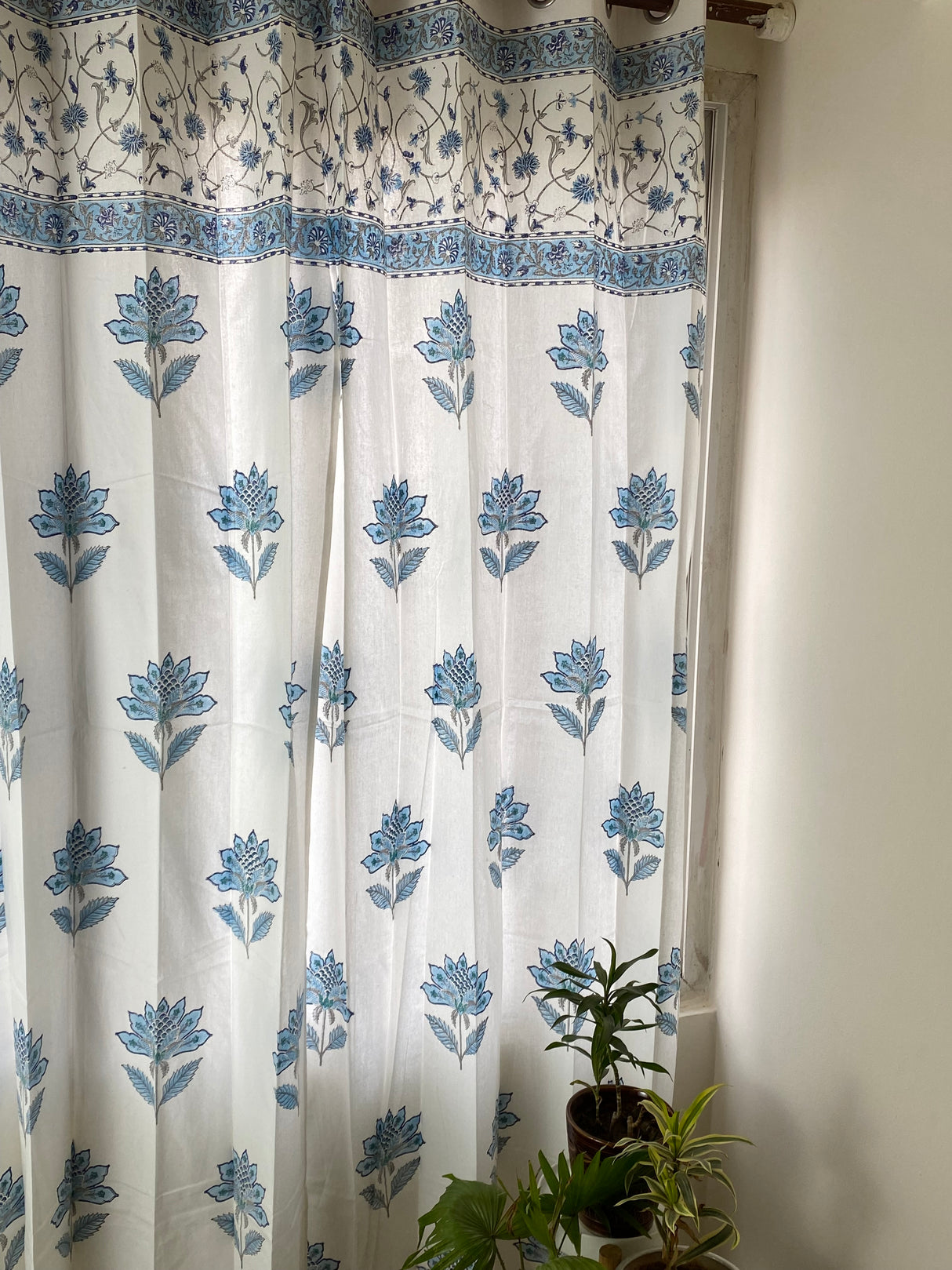 Pair of Blue Floral Blockprint Cotton Curtain (Set of 2)
