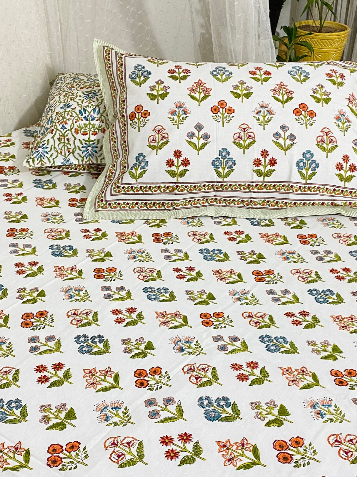 Floral Block Print Cotton Bedsheet & Quilt Set