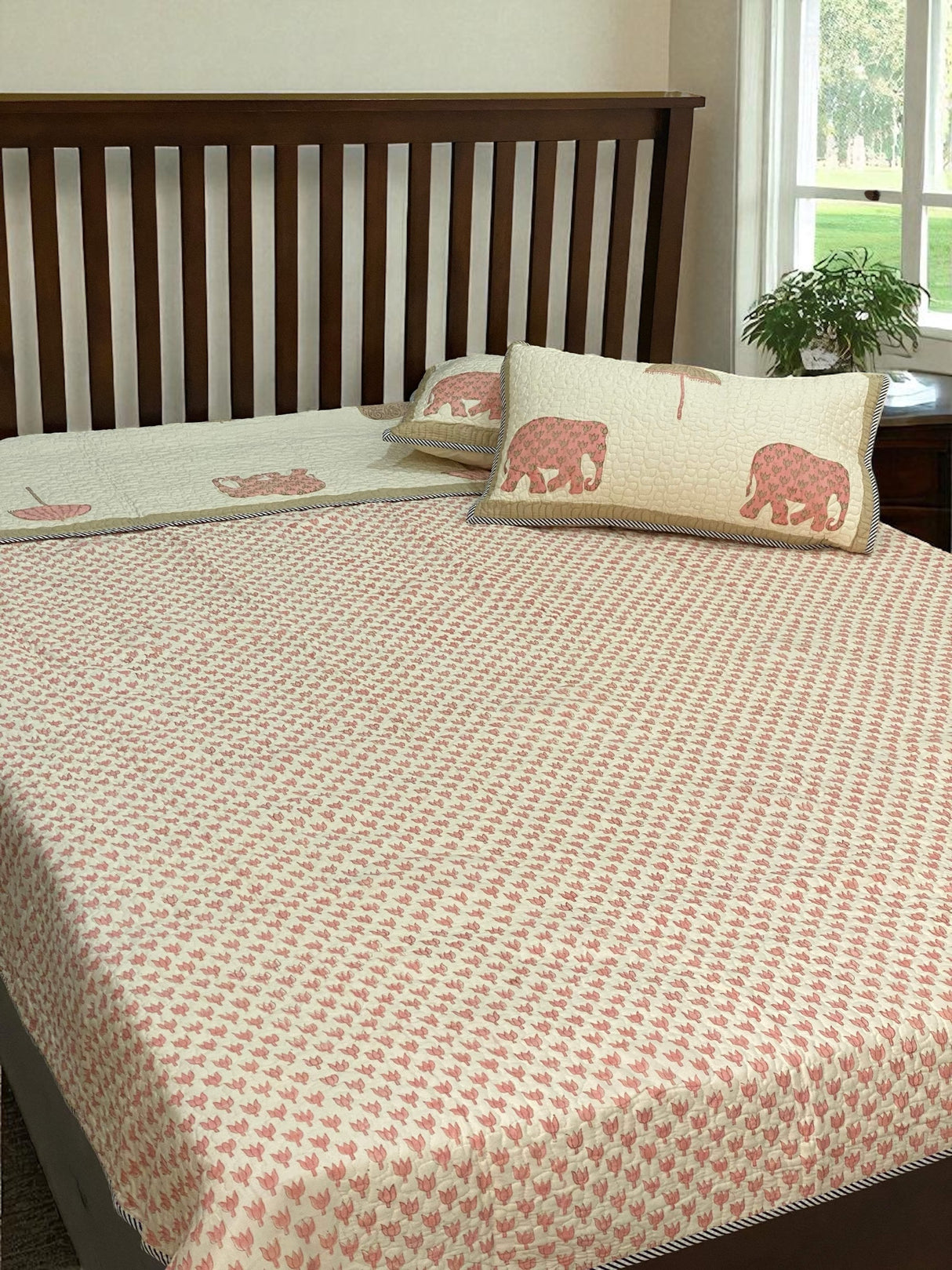 KING Size Quilted Blockprint REVERSIBLE Mulmul Bedcover (108*108 inches)