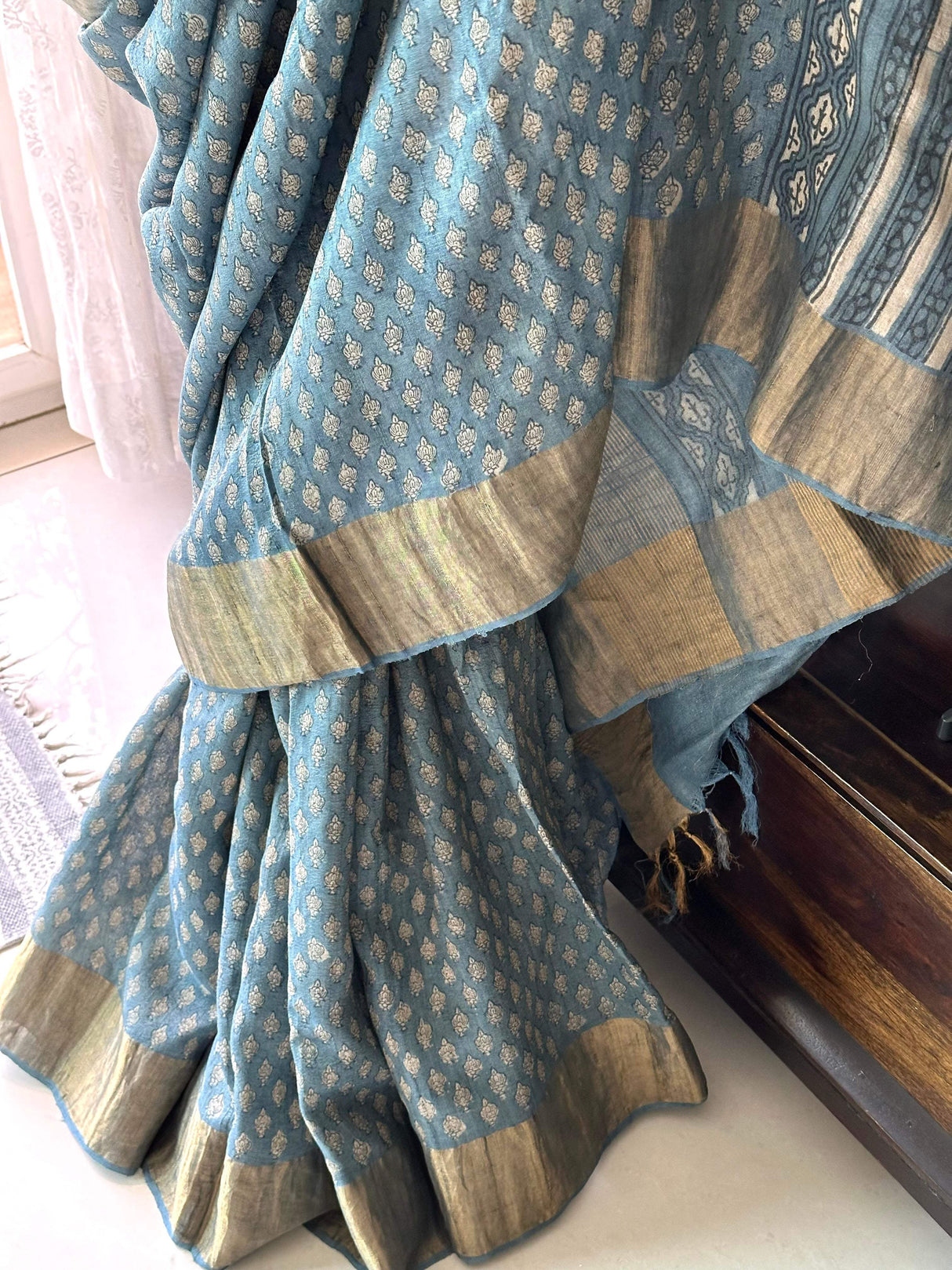 Handloom Tussar Silk Handblock Printed Saree