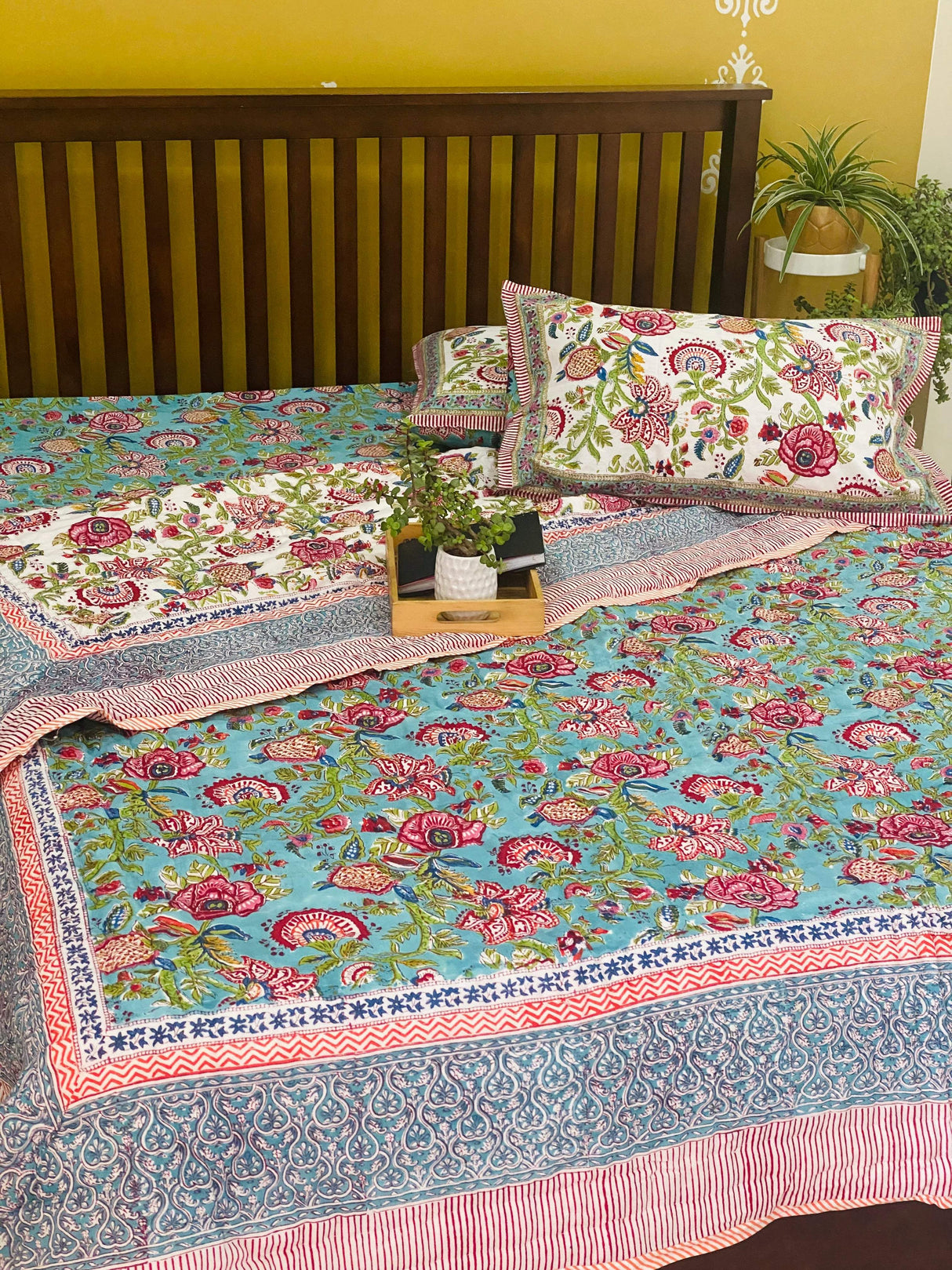 Vibrant Multicolor Floral Cotton Blockprint Bedsheet & Quilt Set