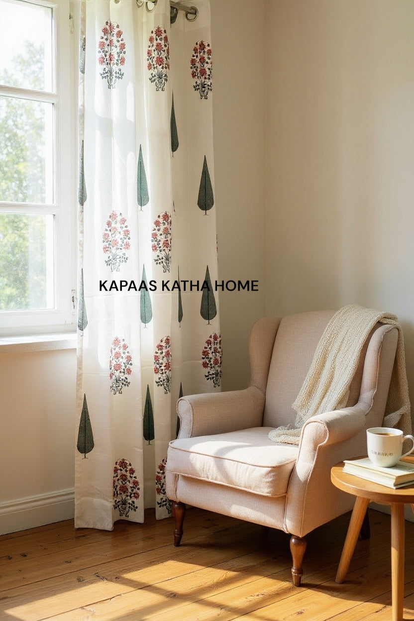 Pair of Pink Blockprint Cotton Curtain (Set of 2)