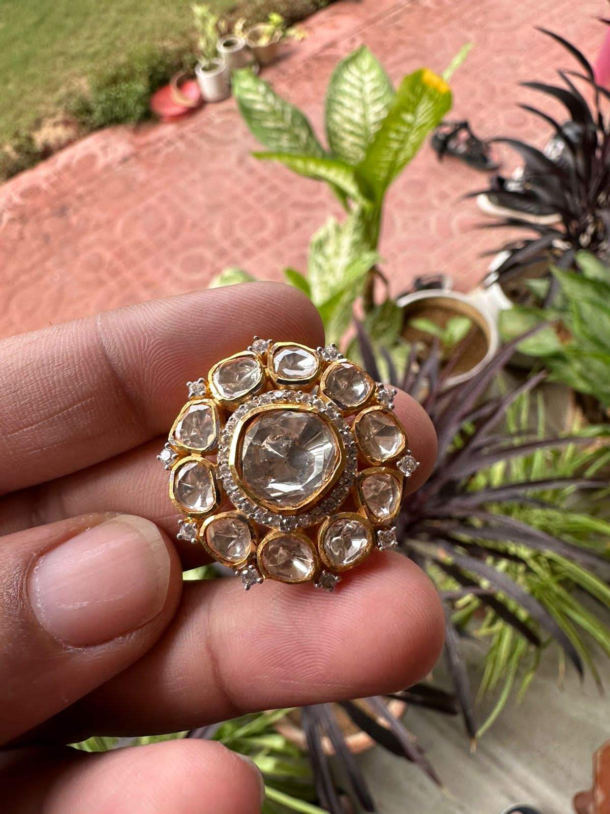 Eternal Radiance Handcrafted Adjustable 92.5 Silver Ring with Moissanite polki