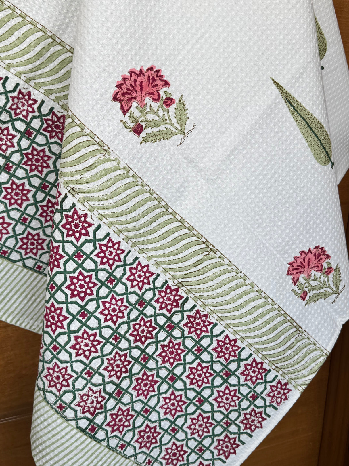 Red Floral Blockprint Cotton Towel- Waffle Weave