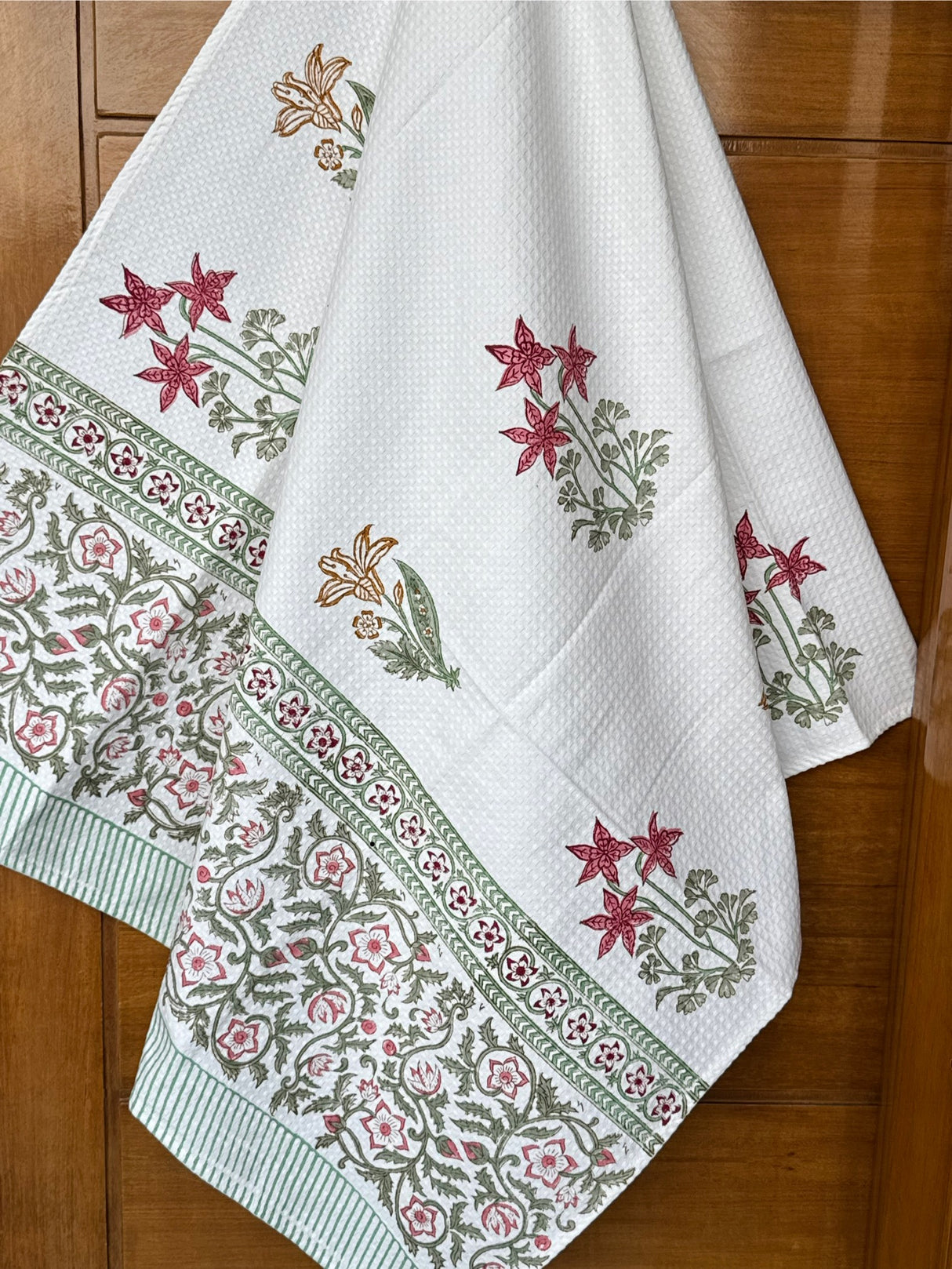 Exquisite Floral Blockprint Cotton Towel- Waffle Weave