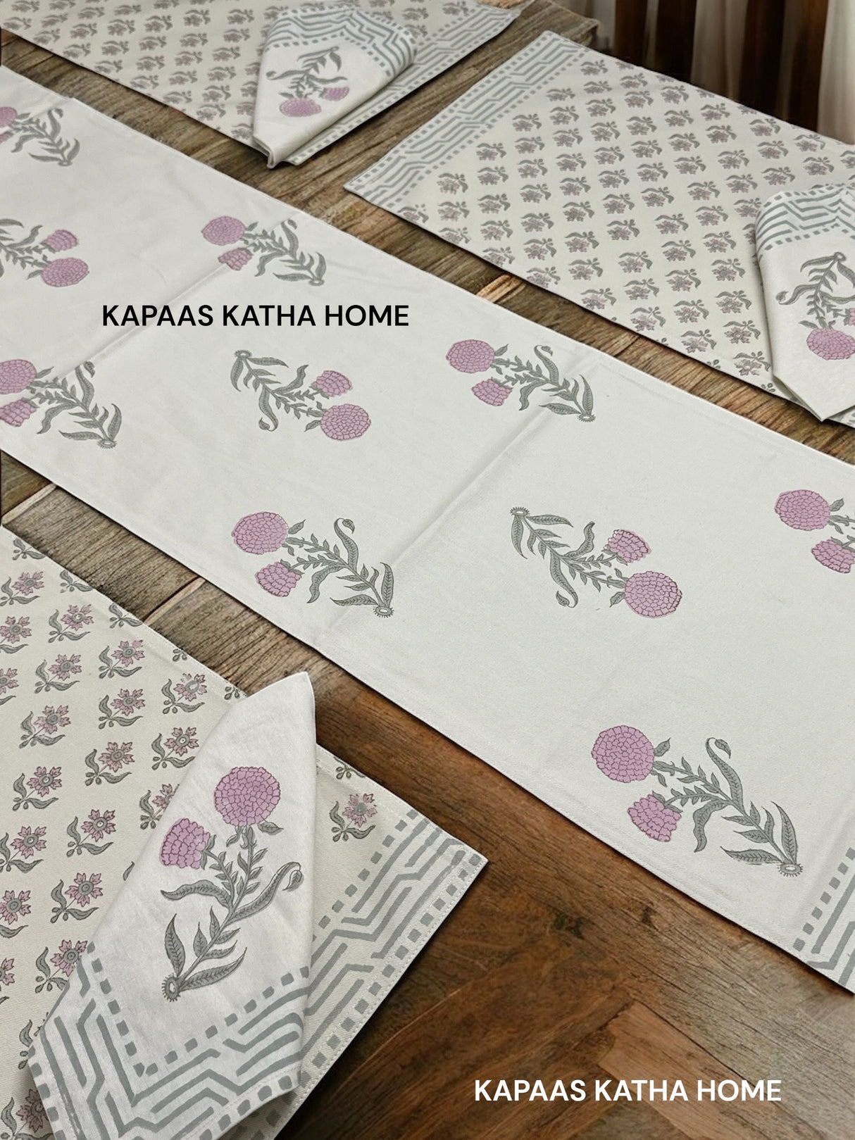 Blockprint Table Runner, Mat & Napkin Set- 6 Seater