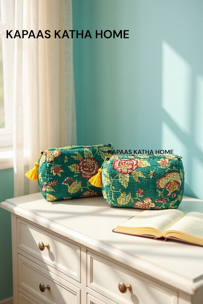 Green Floral Set of 2 Pouches (medium and small)