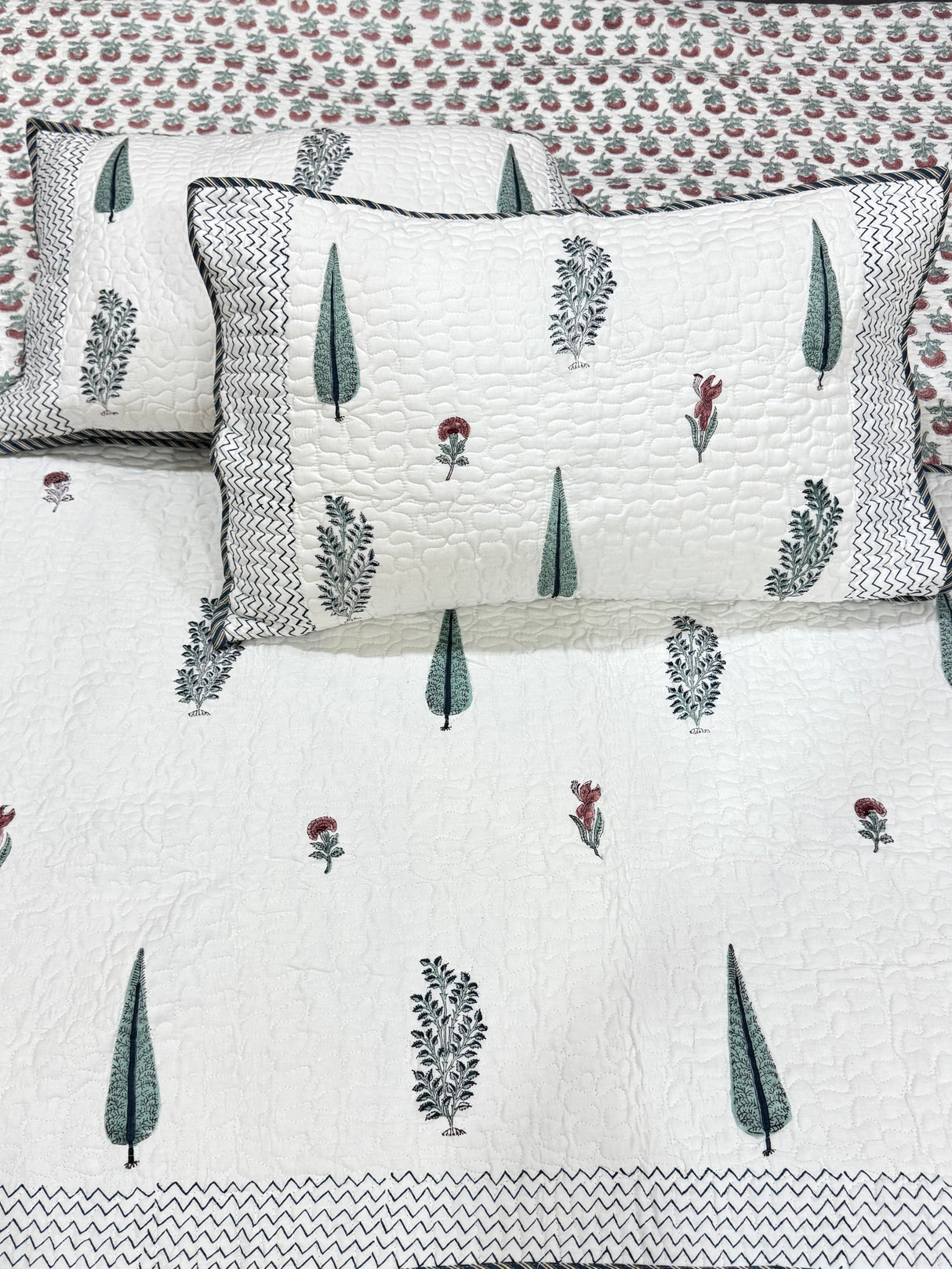 KING Size Quilted Blockprint REVERSIBLE Mulmul Bedcover (108*108 inches)