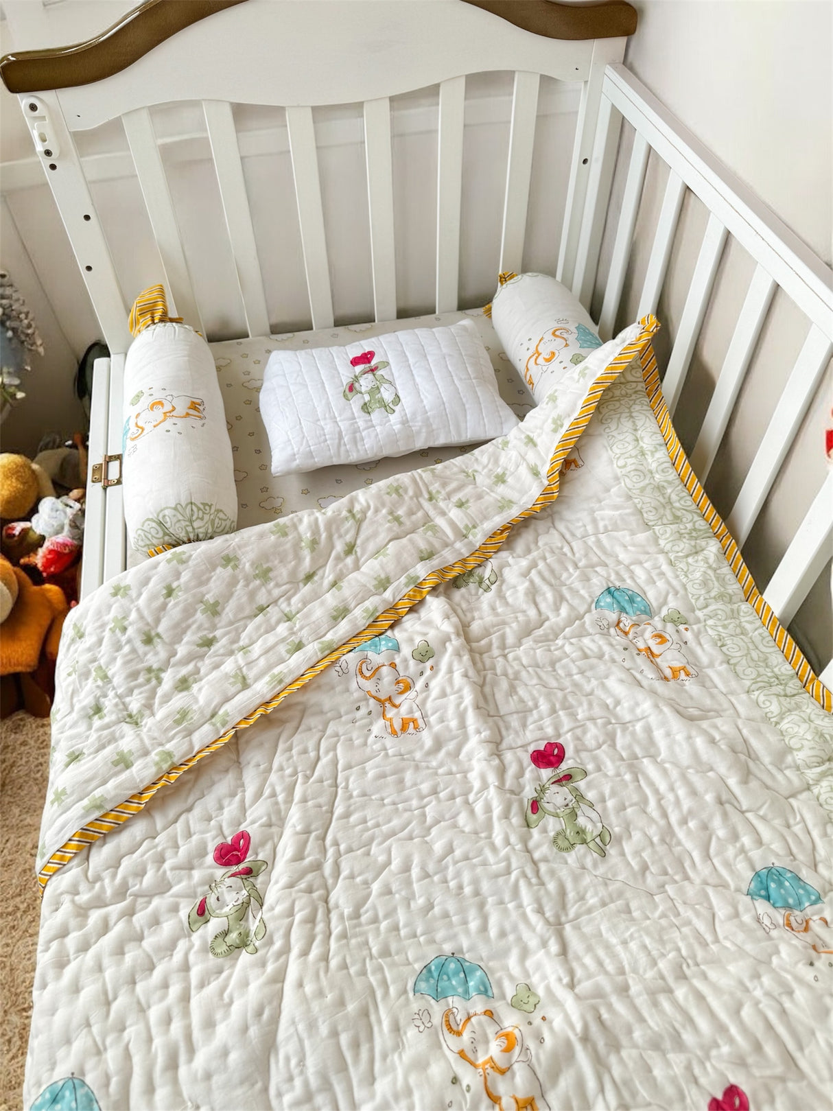 Cute Elephant- Baby Cot Bedding (quilt, pillow, bolsters)