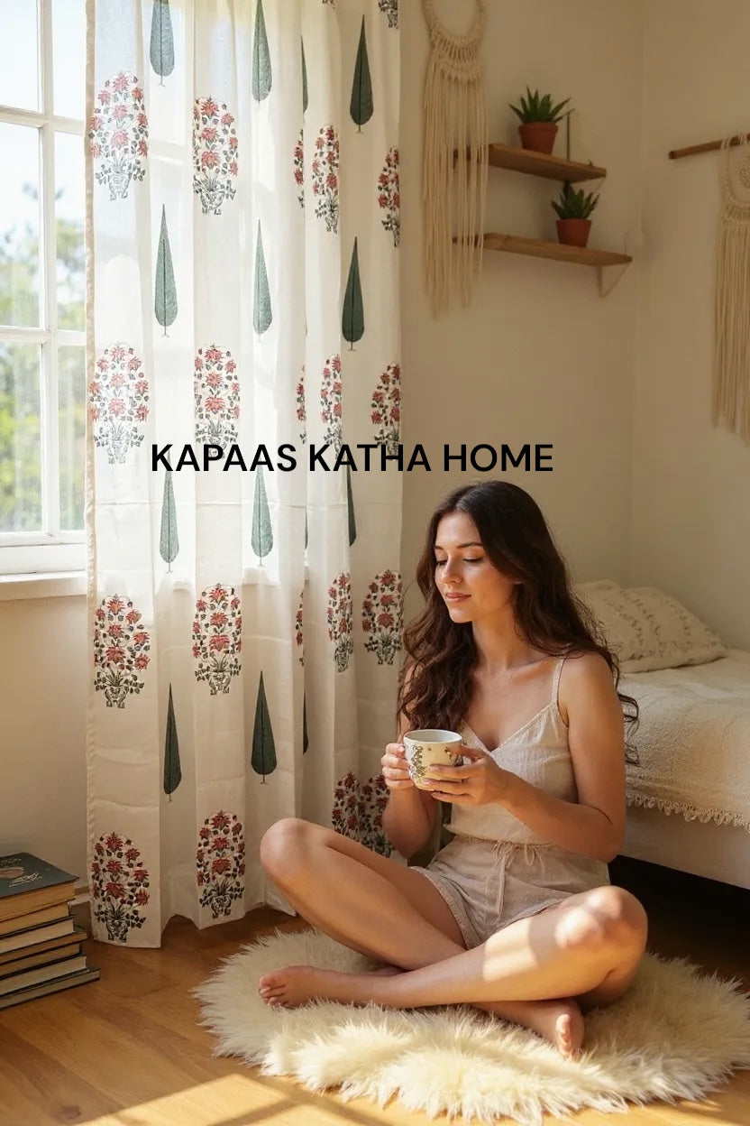 Pair of Pink Blockprint Cotton Curtain (Set of 2)