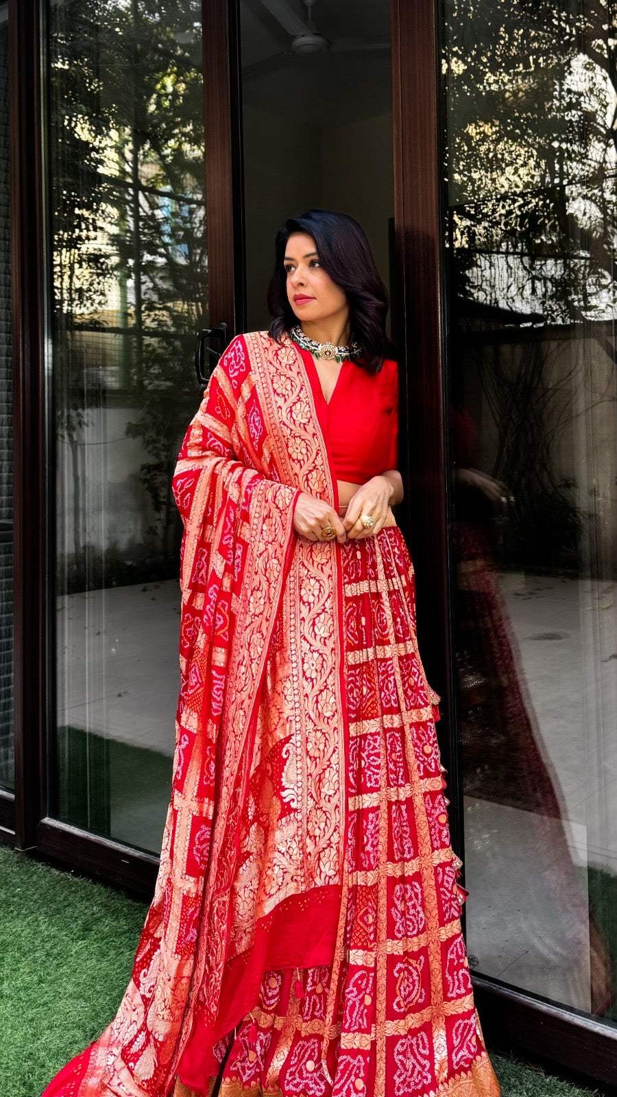 Red Banarsi Georgette Gharchola Bandhani Lehenga with Dupatta