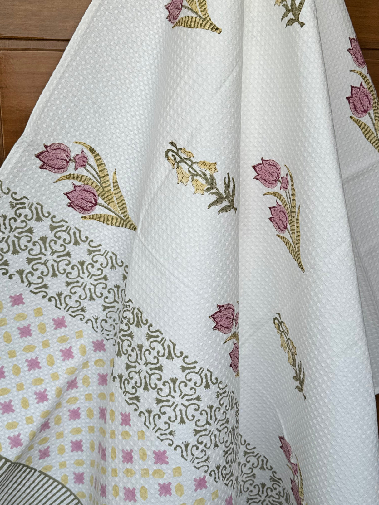 Elegant Mauve Blockprint Cotton Towel- Waffle Weave