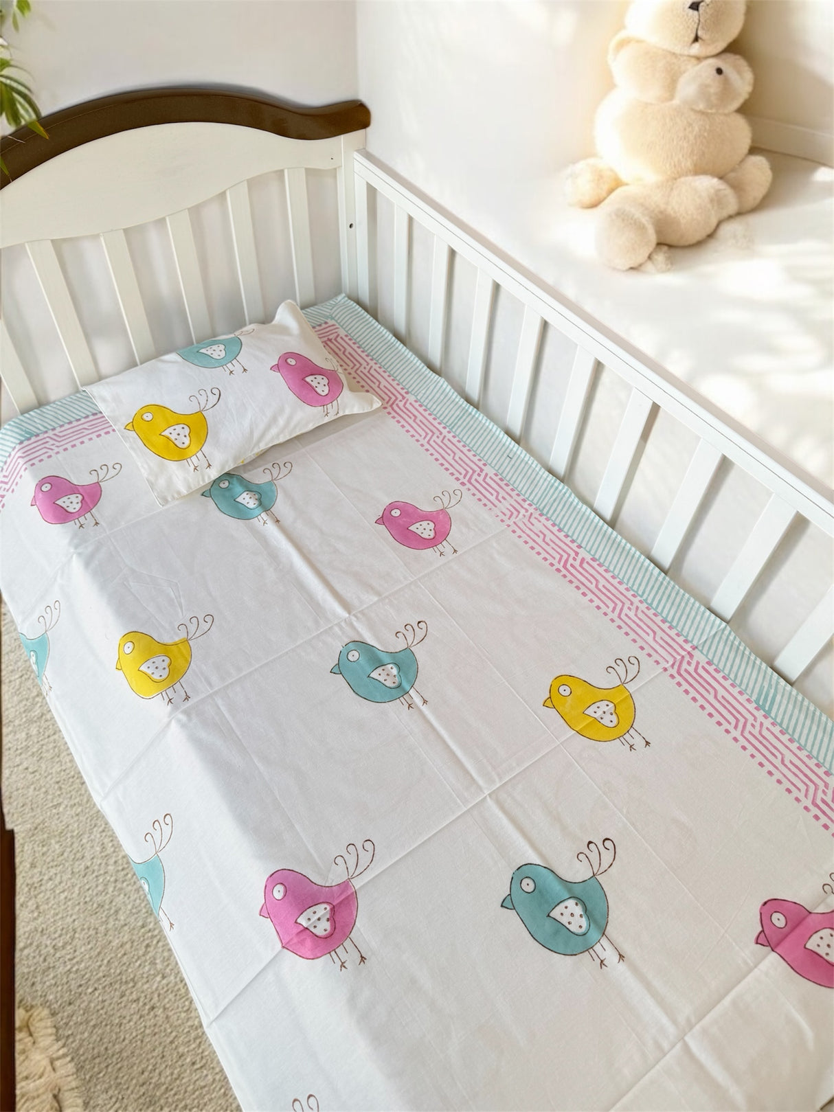 Cute Birds Blockprint Cot/Crib Sheet (60-40 inches)