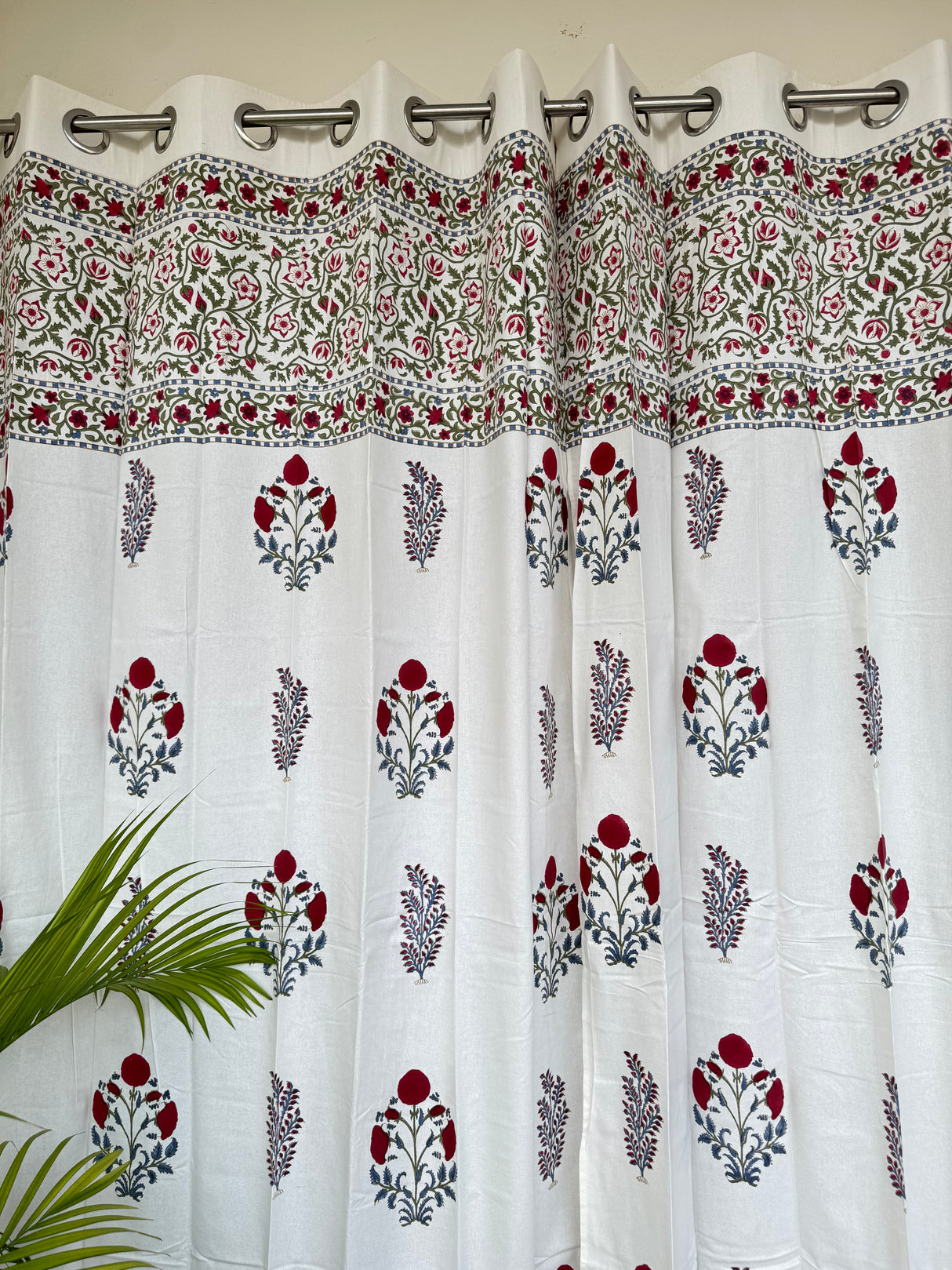 Pair of Red Elegant Blockprint Cotton Curtains (Set of 2)