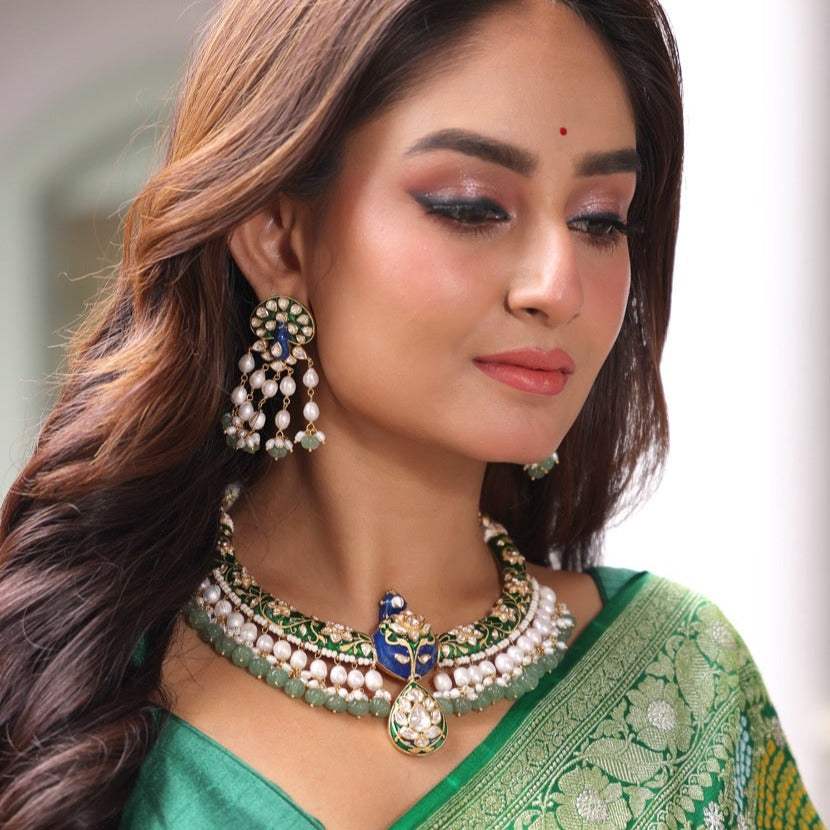 Mayura Vaibhav - Handcrafted 92.5 Silver Peacock Theme Meenakari Hasli with Earrings