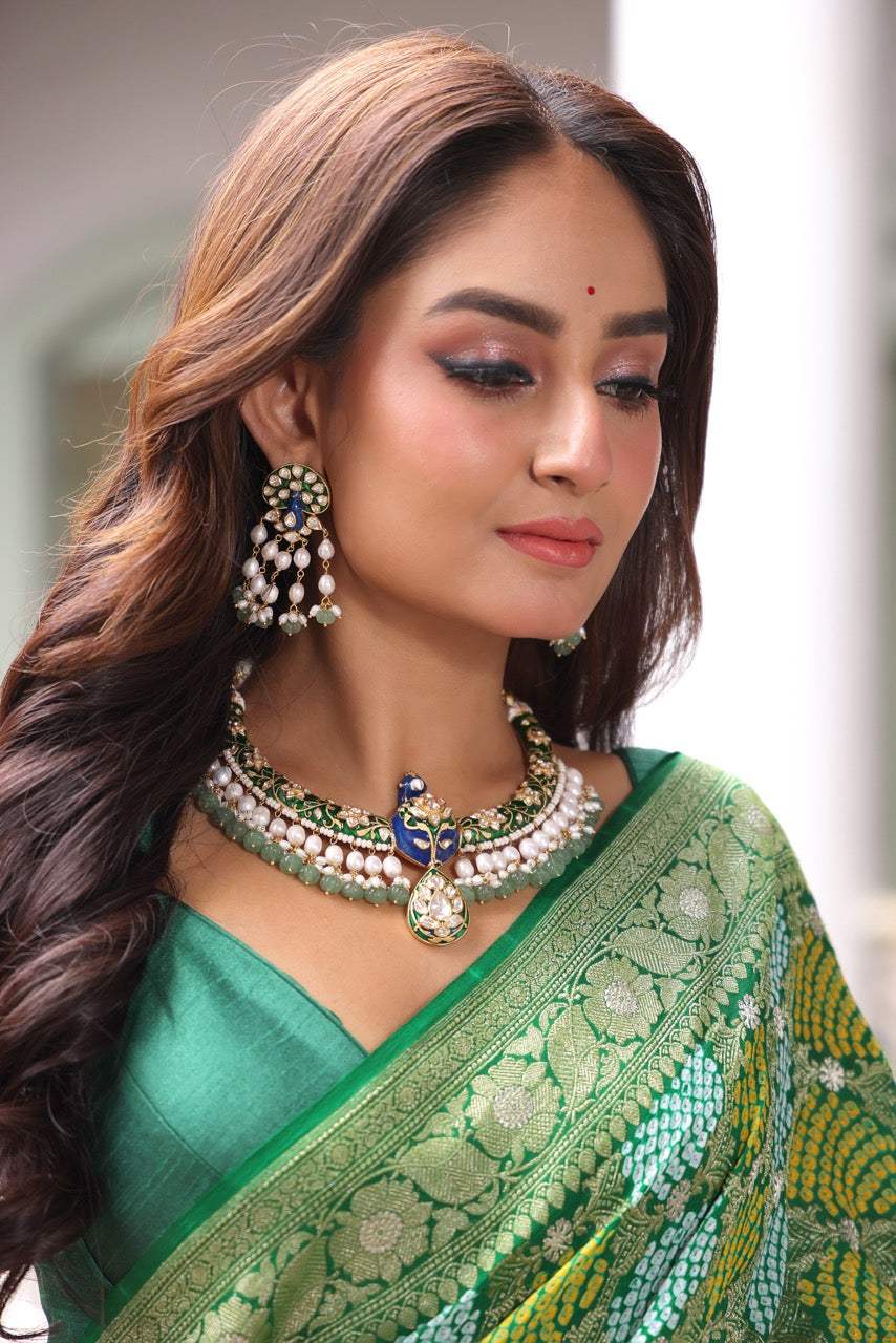 Mayura Vaibhav - Handcrafted 92.5 Silver Peacock Theme Meenakari Hasli with Earrings