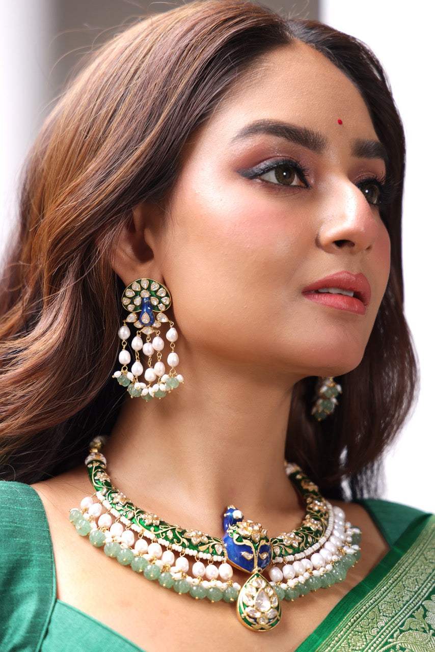 Mayura Vaibhav - Handcrafted 92.5 Silver Peacock Theme Meenakari Hasli with Earrings