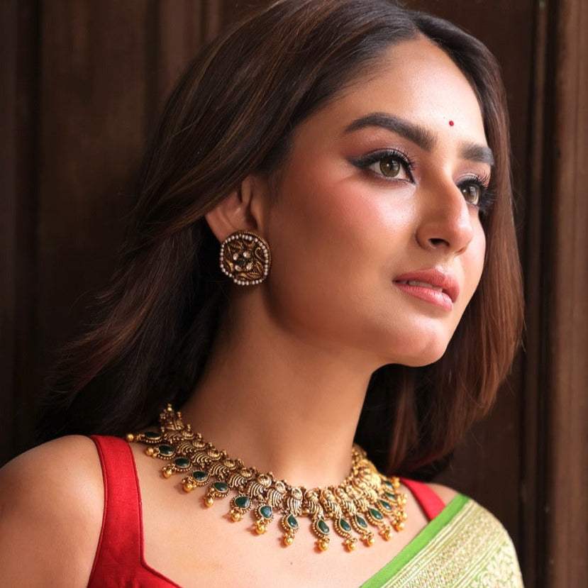 Antique Finish Handcrafted 92.5 Silver Temple Necklace and Earrings