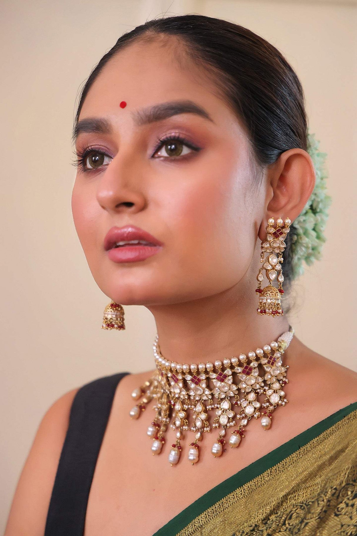 Rajkumari Vaibhav - Rajsthani Style Moissanite Polki Necklace and Earrings
