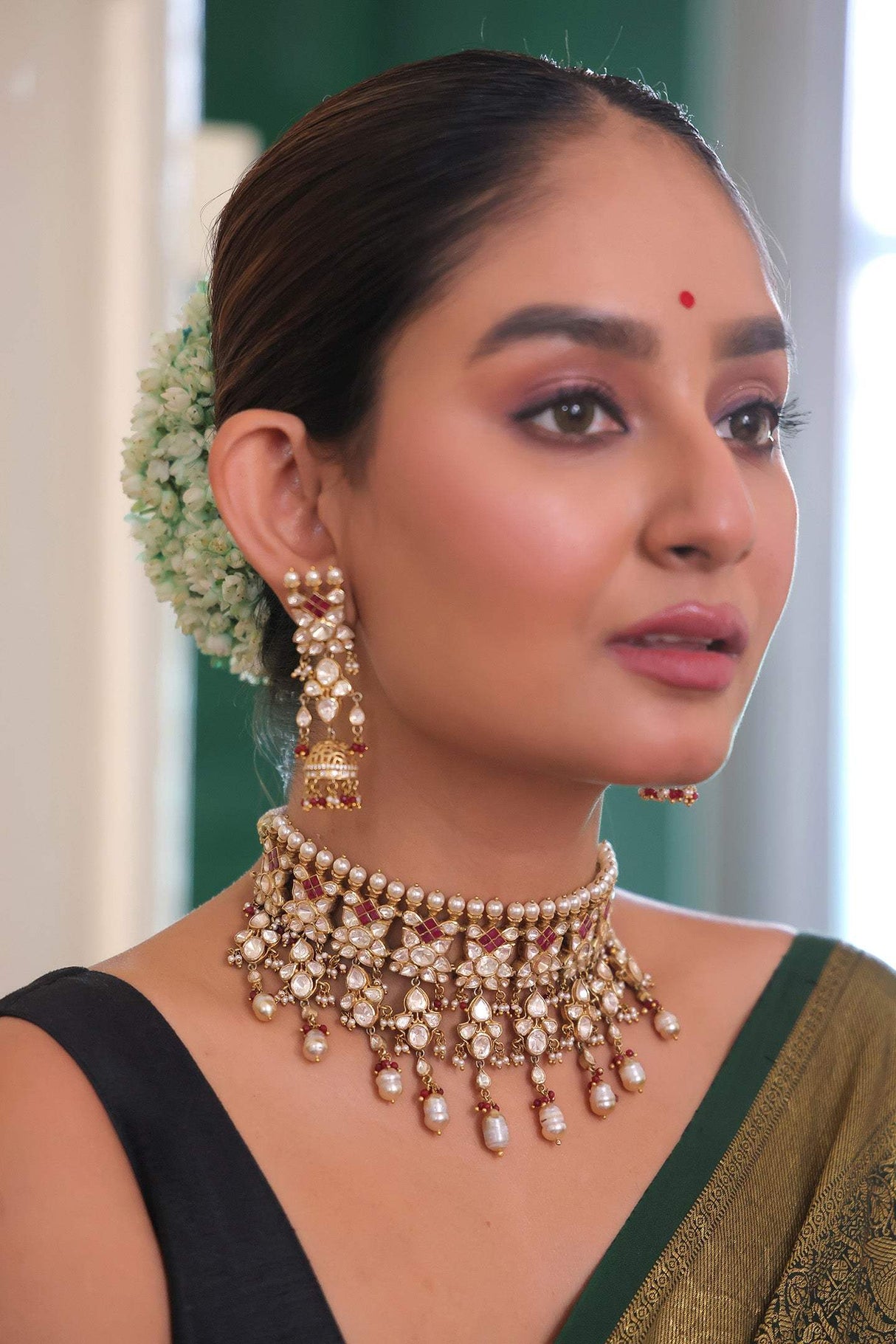 Rajkumari Vaibhav - Rajsthani Style Moissanite Polki Necklace and Earrings