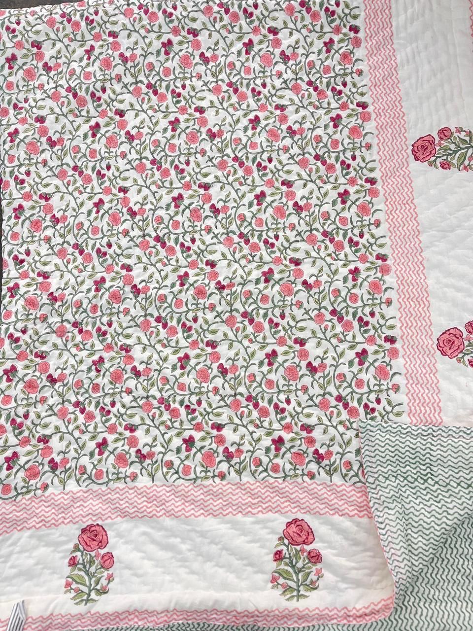 Premium Rose Garden Blockprint Reversible Mulmul Quilt