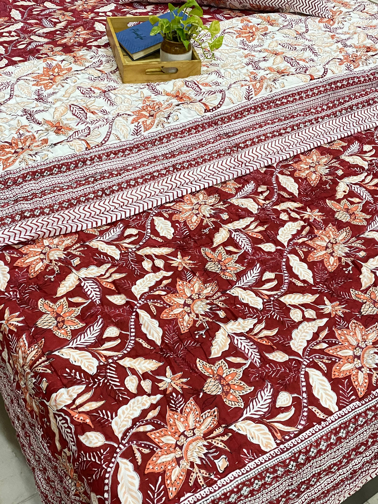 Rich Maroon Blockprint Bedsheet & Quilt Set