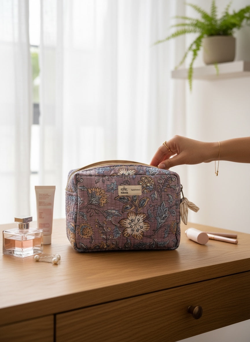 Pretty Hand-Block Cotton Quilted Utility Pouch