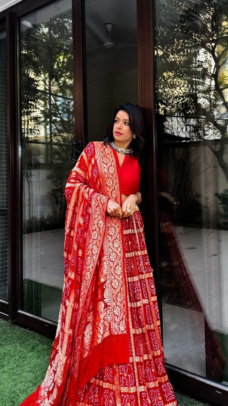 Red Banarsi Georgette Gharchola Bandhani Lehenga with Dupatta