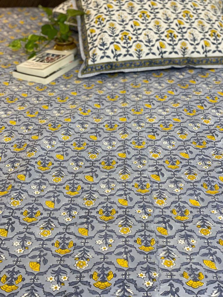 Grey and Yellow Theme Blockprint Bedsheet & Quilt Set