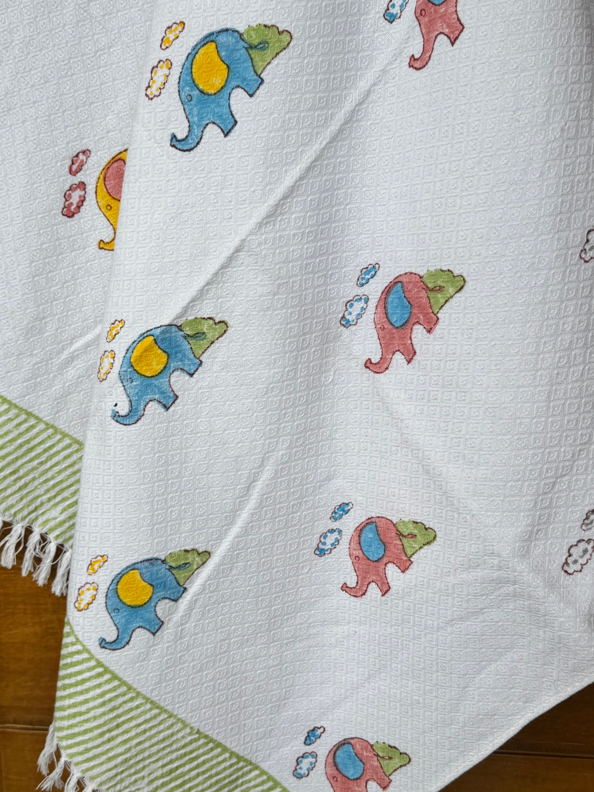 Vibrant Elephants Blockprint Kids Towel – Cotton Jacquard Weave