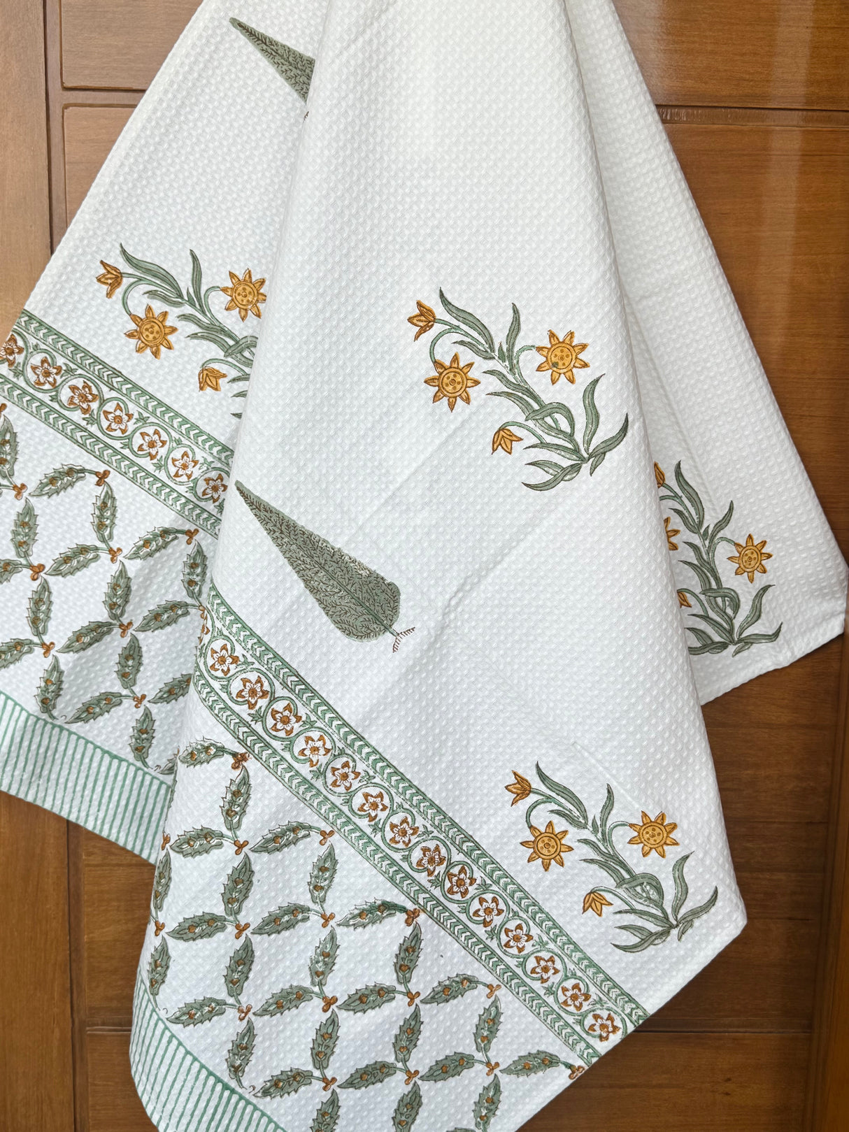 Chic Yellow Blockprint Cotton Towel – Waffle Weave