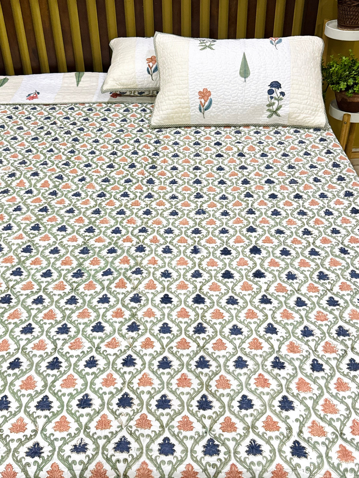 Double Size Quilted Blockprint REVERSIBLE Mulmul Bedcover (90*108 inches)