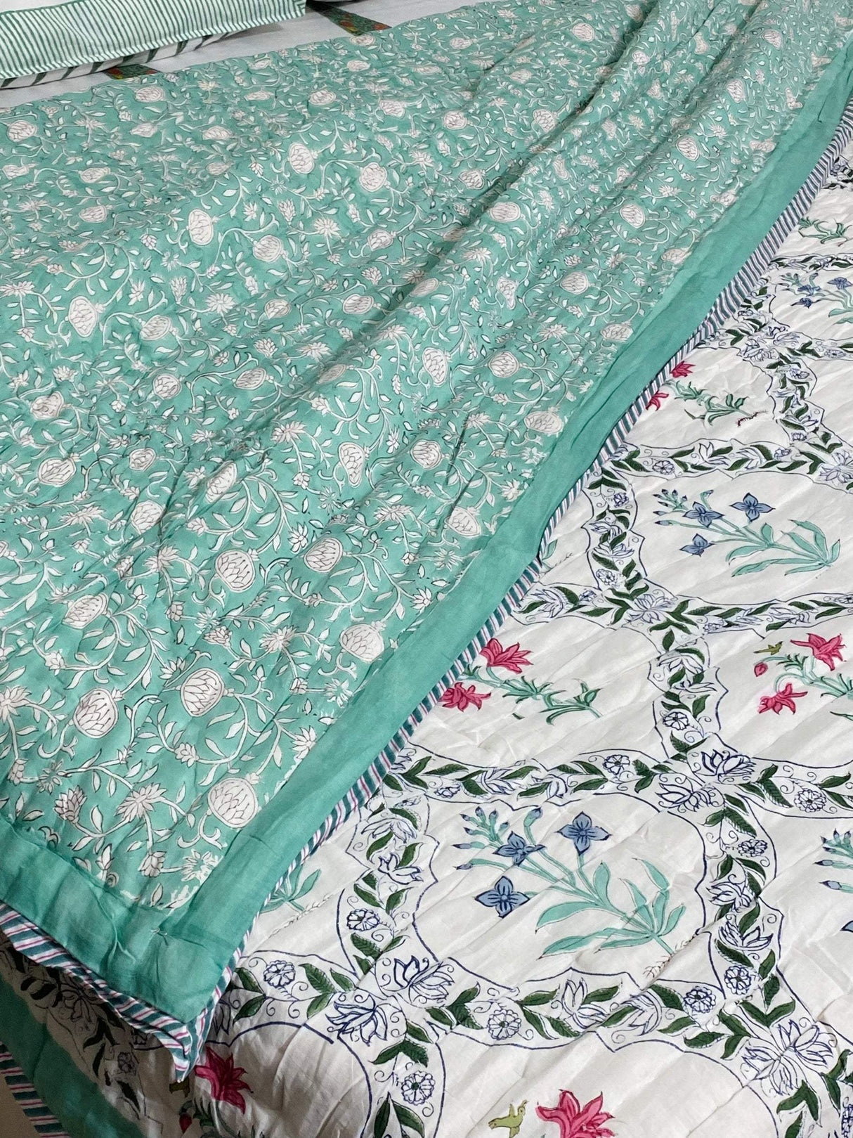 Elegant Green Floral Blockprint Bedsheet & Quilt Set