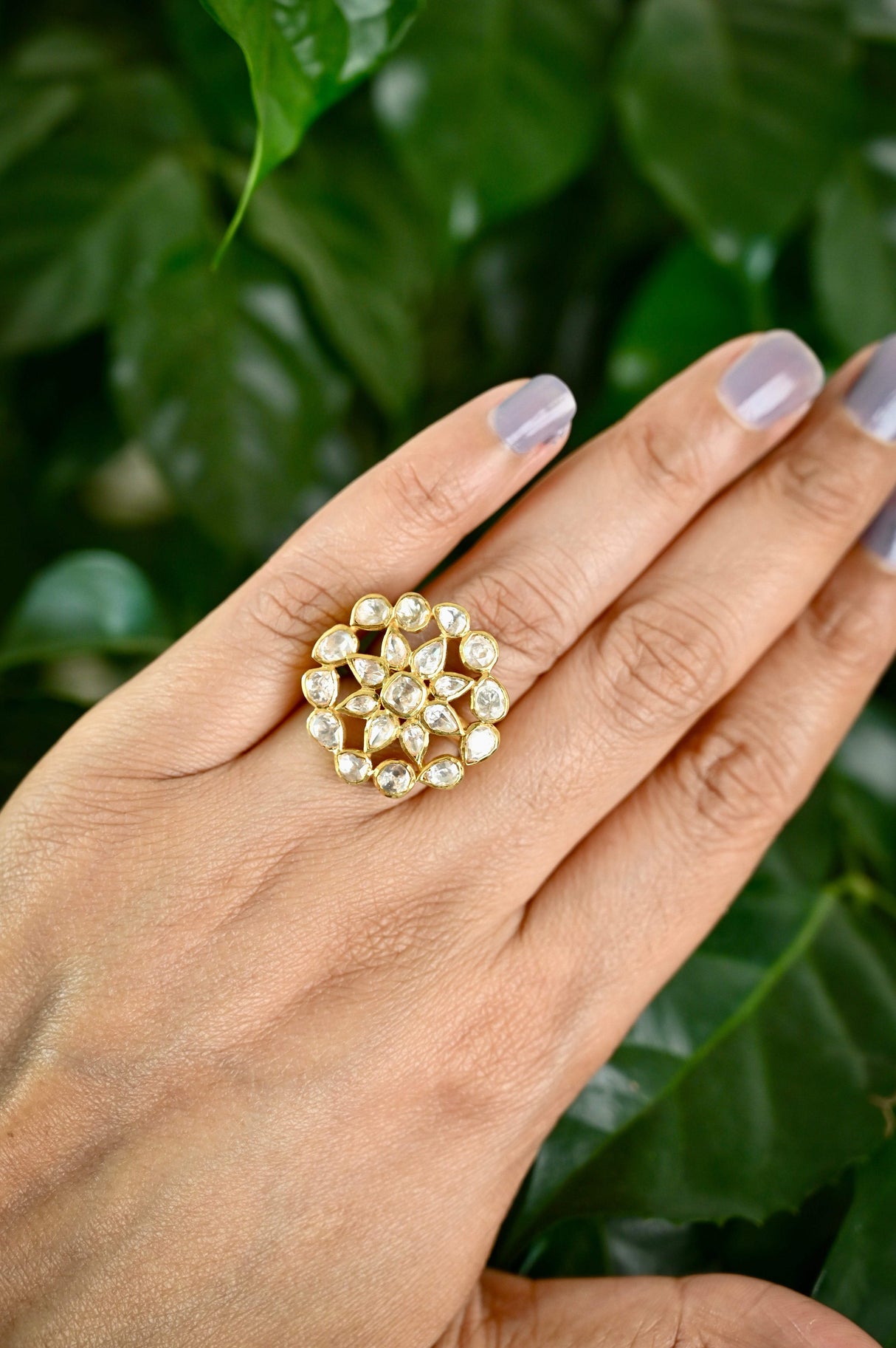 Regal Dream Handcrafted Adjustable 92.5 Silver Ring with Moissanite polki