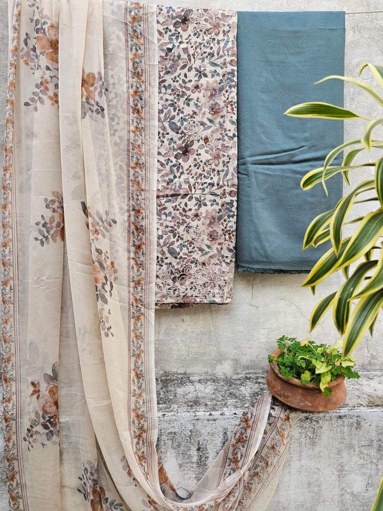 3pc Butter Cotton Printed and Machine Embroidered Suit Set