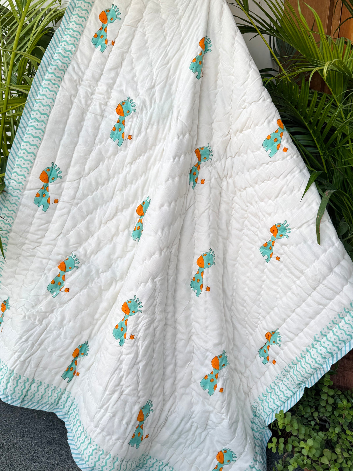 Green Giraffe Elephant Blockprint Kids Quilt