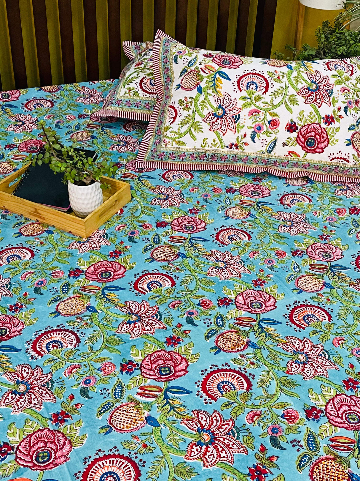 Vibrant Multicolor Floral Cotton Blockprint Bedsheet & Quilt Set