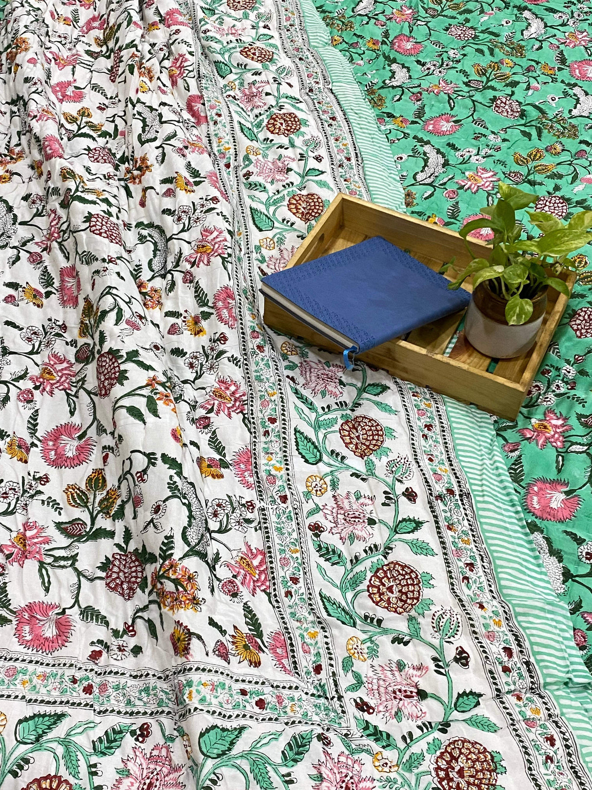 Green Floral Print Cotton Blockprint Bedsheet & Quilt Set