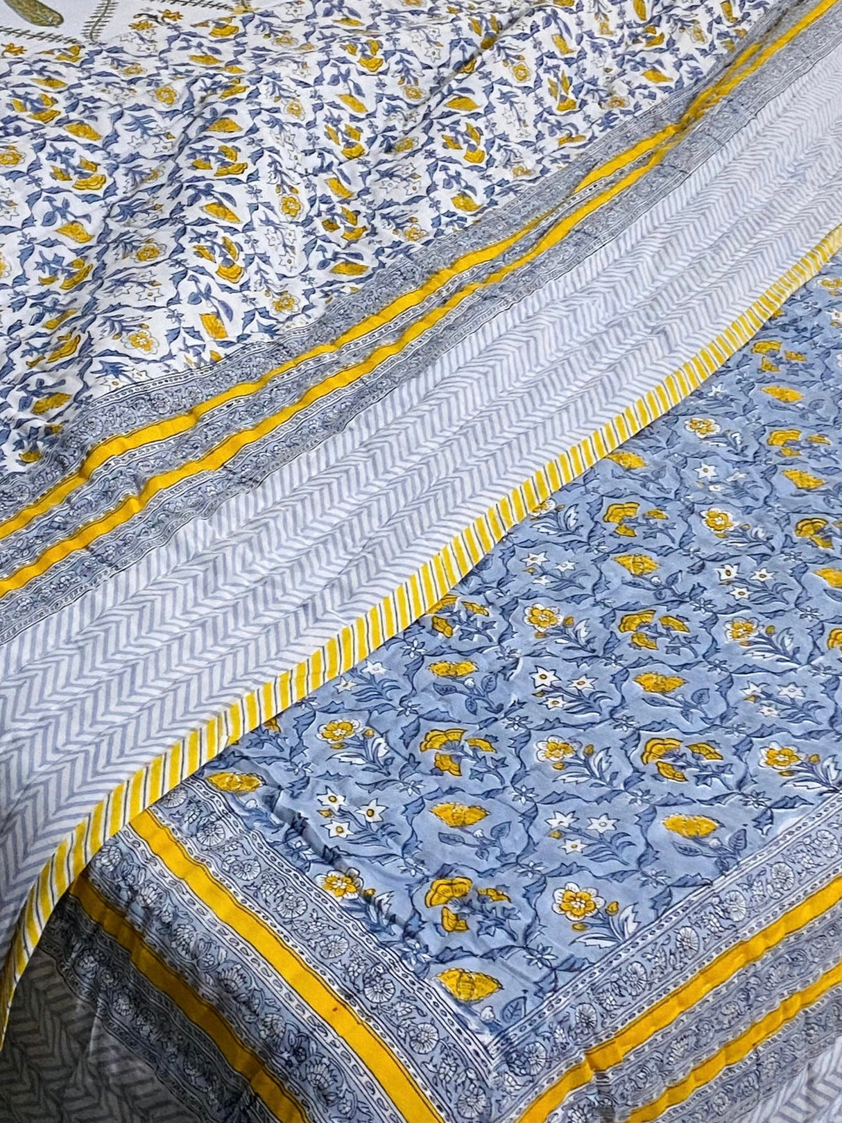Grey and Yellow Theme Blockprint Bedsheet & Quilt Set