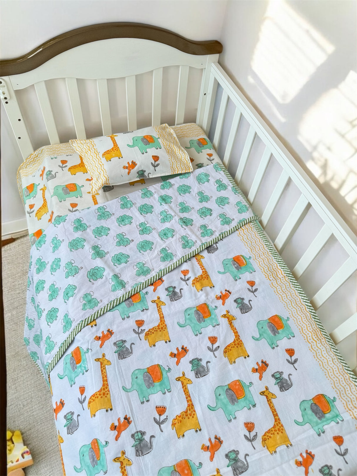 Adorable Giraffe Elephant- Baby Cot Bedding (cot sheet, dohar, pillowcase)