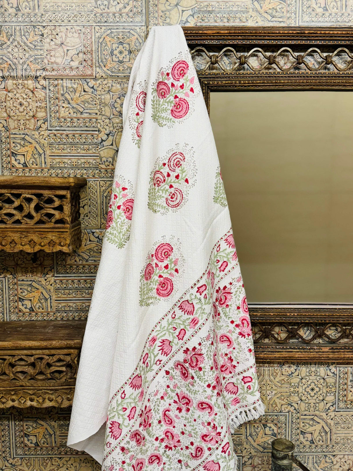 Pink Floral Blockprint Soft Cotton Towel– Cotton Jacquard Weave