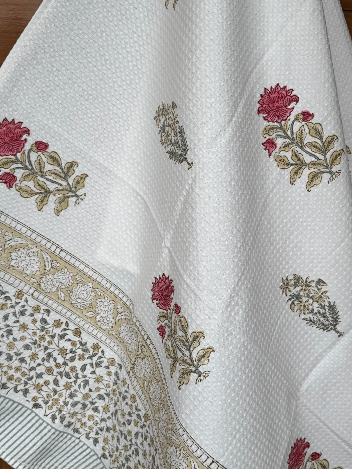 Subtle Red Floral Blockprint Cotton Towel – Waffle Weave